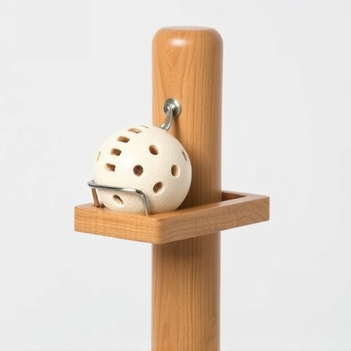 Suet ball holder attached to wooden post