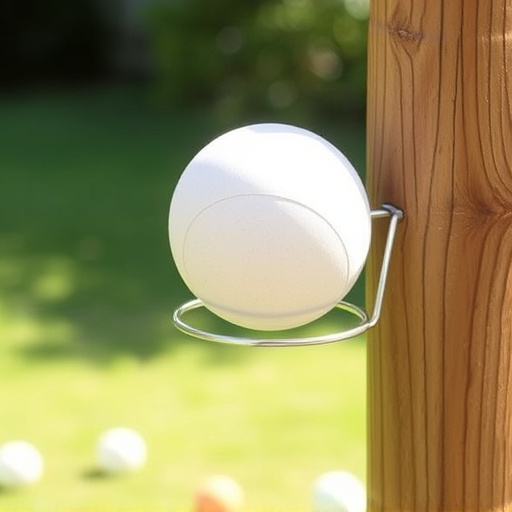 Suet ball holder attached to wooden post