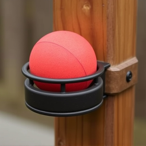 Suet ball holder attached to wooden post