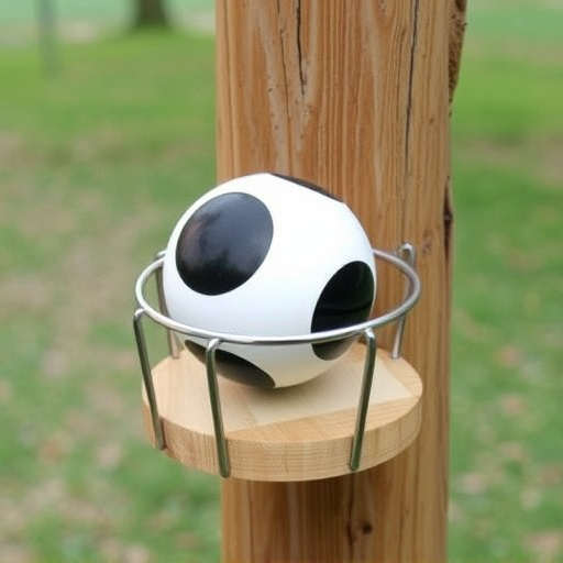 Suet ball holder attached to wooden post