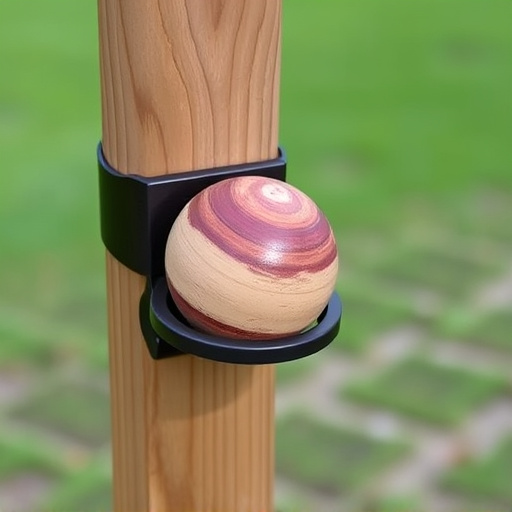 Suet ball holder attached to wooden post