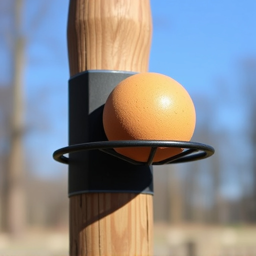 Suet ball holder attached to wooden post