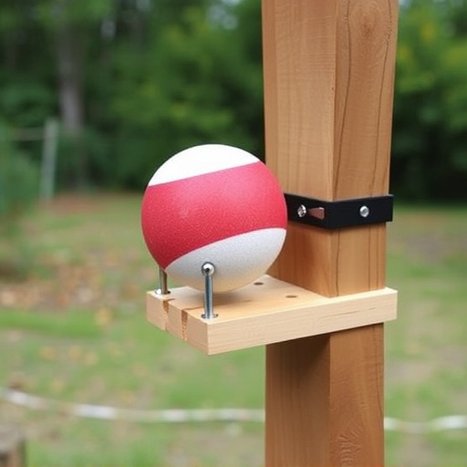 Suet ball holder attached to wooden post