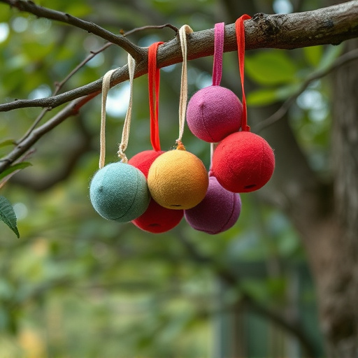 Suet balls dangling from tree branch