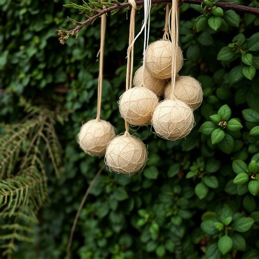 Suet balls hanging near hedgerow plants
