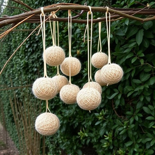Suet balls hanging near hedgerow plants