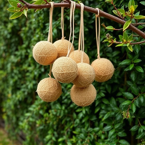 Suet balls hanging near hedgerow plants