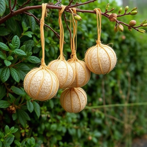 Suet balls hanging near hedgerow plants