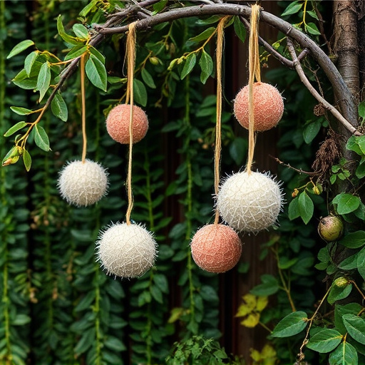 Suet balls hanging near hedgerow plants