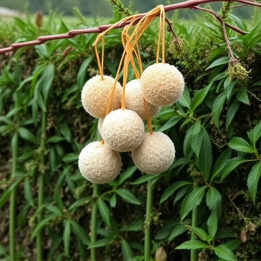 Suet balls hanging near hedgerow plants