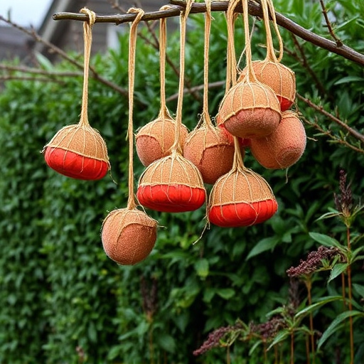 Suet balls hanging near hedgerow plants