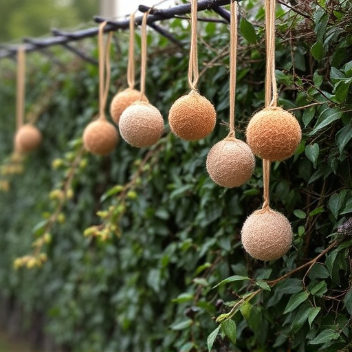 Suet balls hanging near hedgerow plants