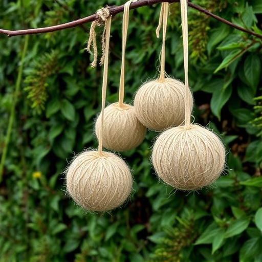 Suet balls hanging near hedgerow plants
