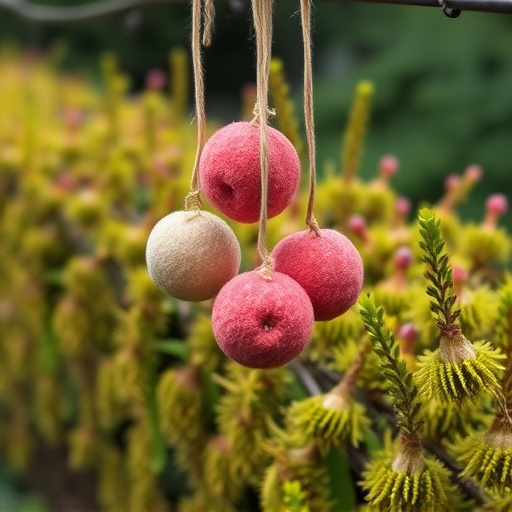 Suet balls hanging near hedgerow plants