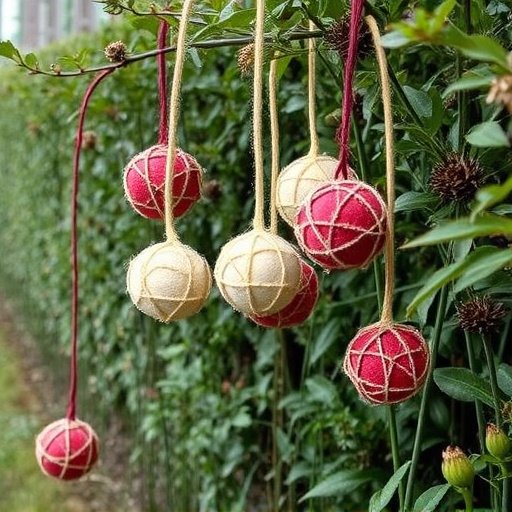 Suet balls hanging near hedgerow plants