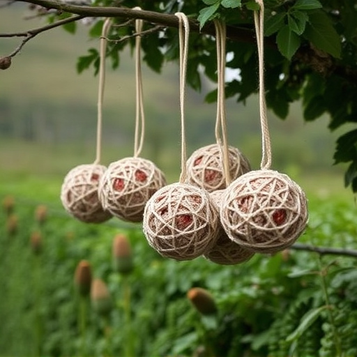 Suet balls hanging near hedgerow plants
