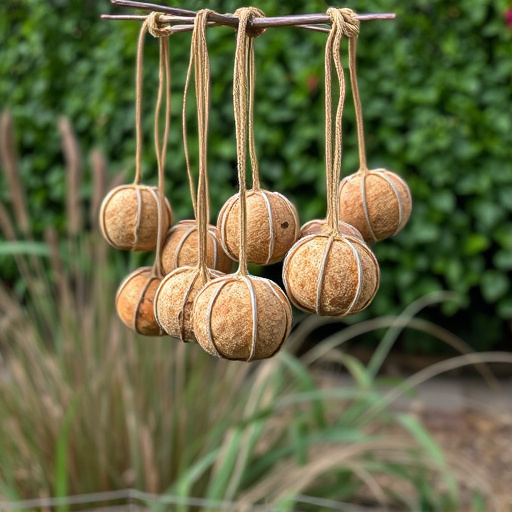 Suet balls hanging near hedgerow plants
