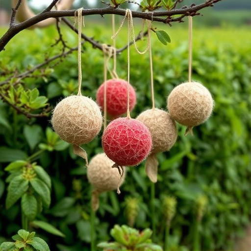 Suet balls hanging near hedgerow plants