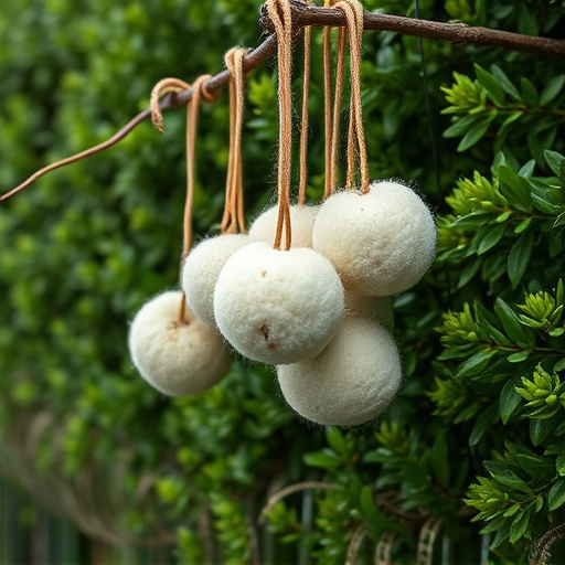 Suet balls hanging near hedgerow plants