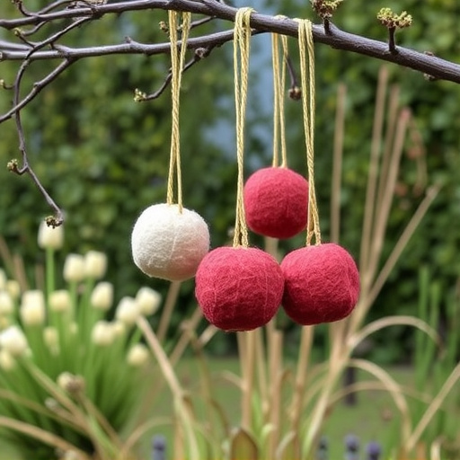 Suet balls hanging near hedgerow plants