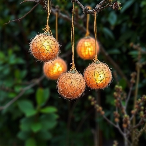 Suet balls hanging near hedgerow plants