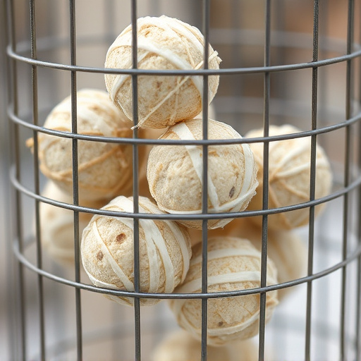 Suet balls stacked inside wire feeder cage