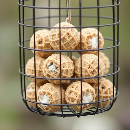 Suet balls stacked inside wire feeder cage