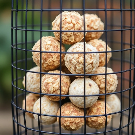 Suet balls stacked inside wire feeder cage