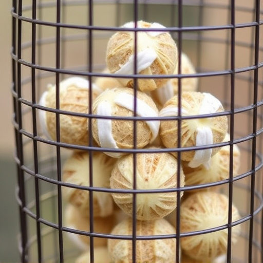 Suet balls stacked inside wire feeder cage