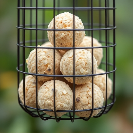 Suet balls stacked inside wire feeder cage