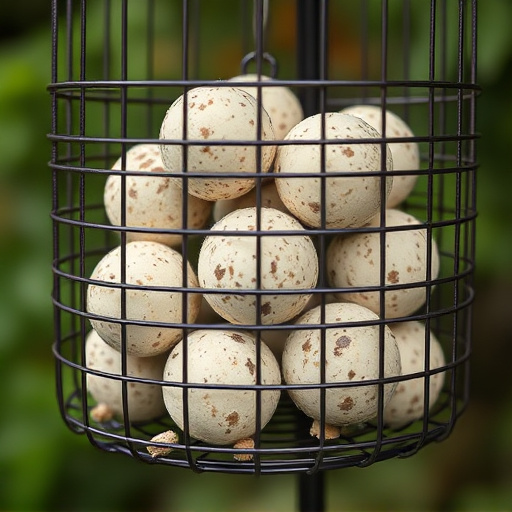 Suet balls stacked inside wire feeder cage