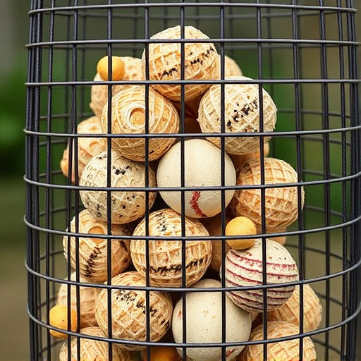 Suet balls stacked inside wire feeder cage