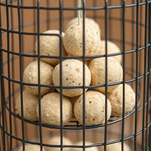 Suet balls stacked inside wire feeder cage