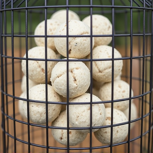 Suet balls stacked inside wire feeder cage