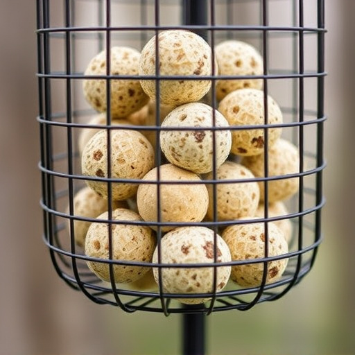 Suet balls stacked inside wire feeder cage