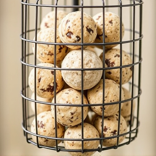 Suet balls stacked inside wire feeder cage