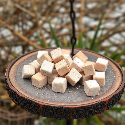 Suet cubes scattered on bird table outdoors