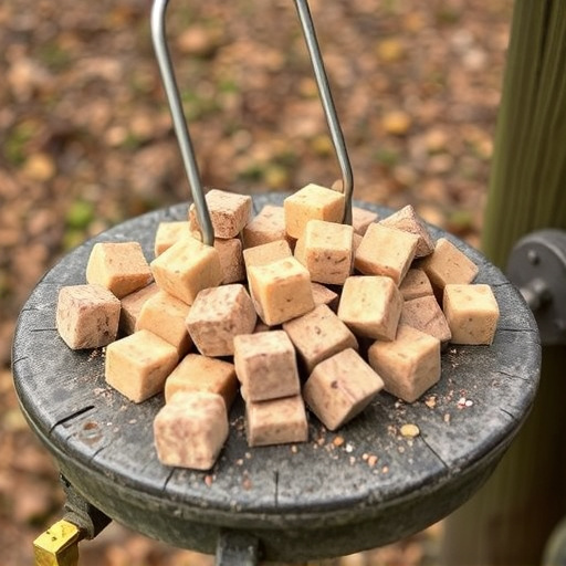Suet cubes scattered on bird table outdoors