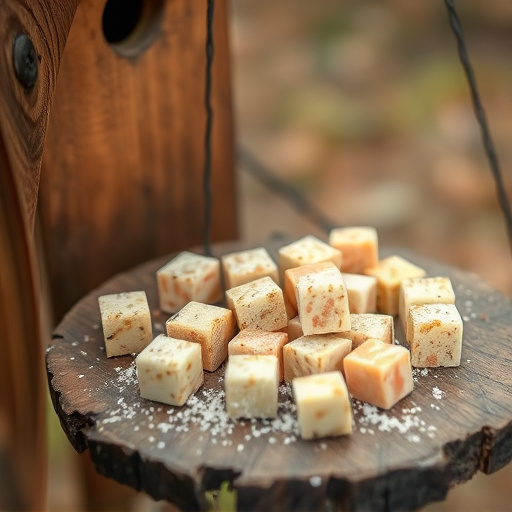 Suet cubes scattered on bird table outdoors