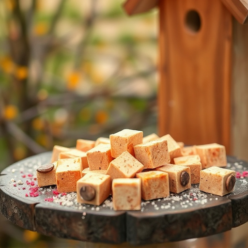 Suet cubes scattered on bird table outdoors