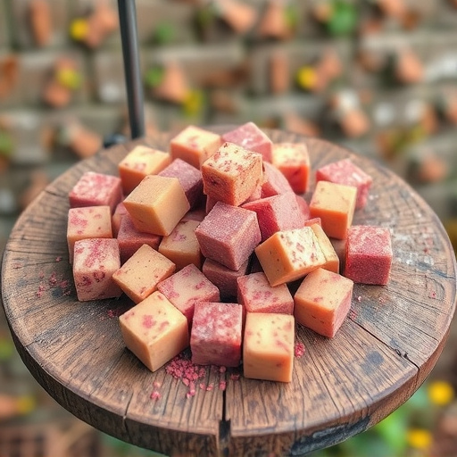 Suet cubes scattered on bird table outdoors