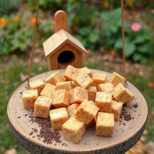 Suet cubes scattered on bird table outdoors
