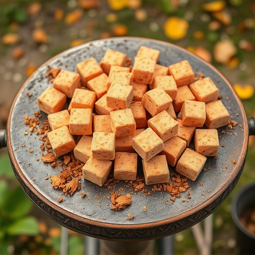 Suet cubes scattered on bird table outdoors