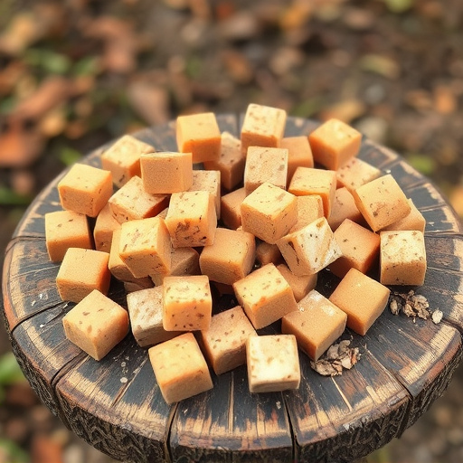 Suet cubes scattered on bird table outdoors
