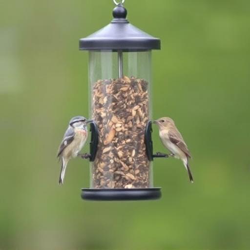Suet-filled feeder attracting small songbirds
