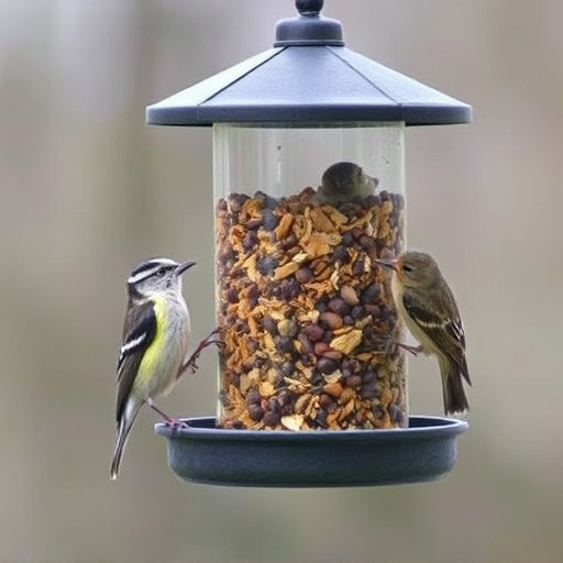 Suet-filled feeder attracting small songbirds