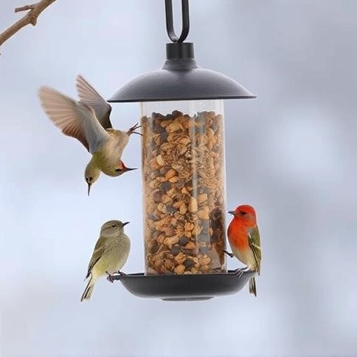 Suet-filled feeder attracting small songbirds