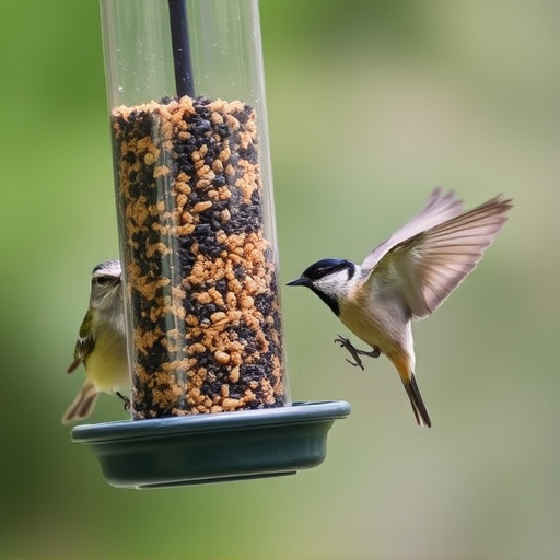Suet-filled feeder attracting small songbirds