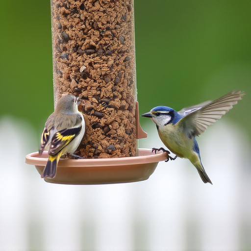 Suet-filled feeder attracting small songbirds