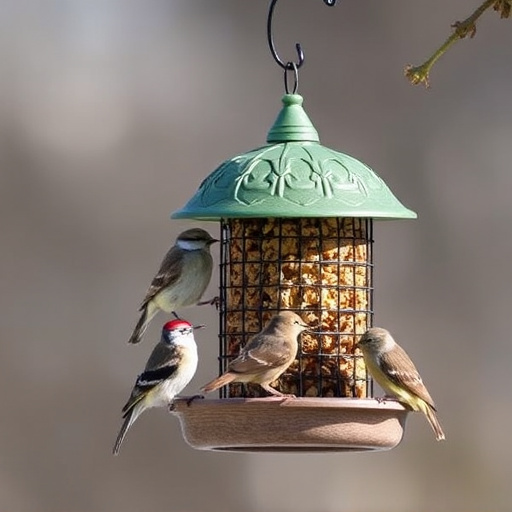 Suet-filled feeder attracting small songbirds